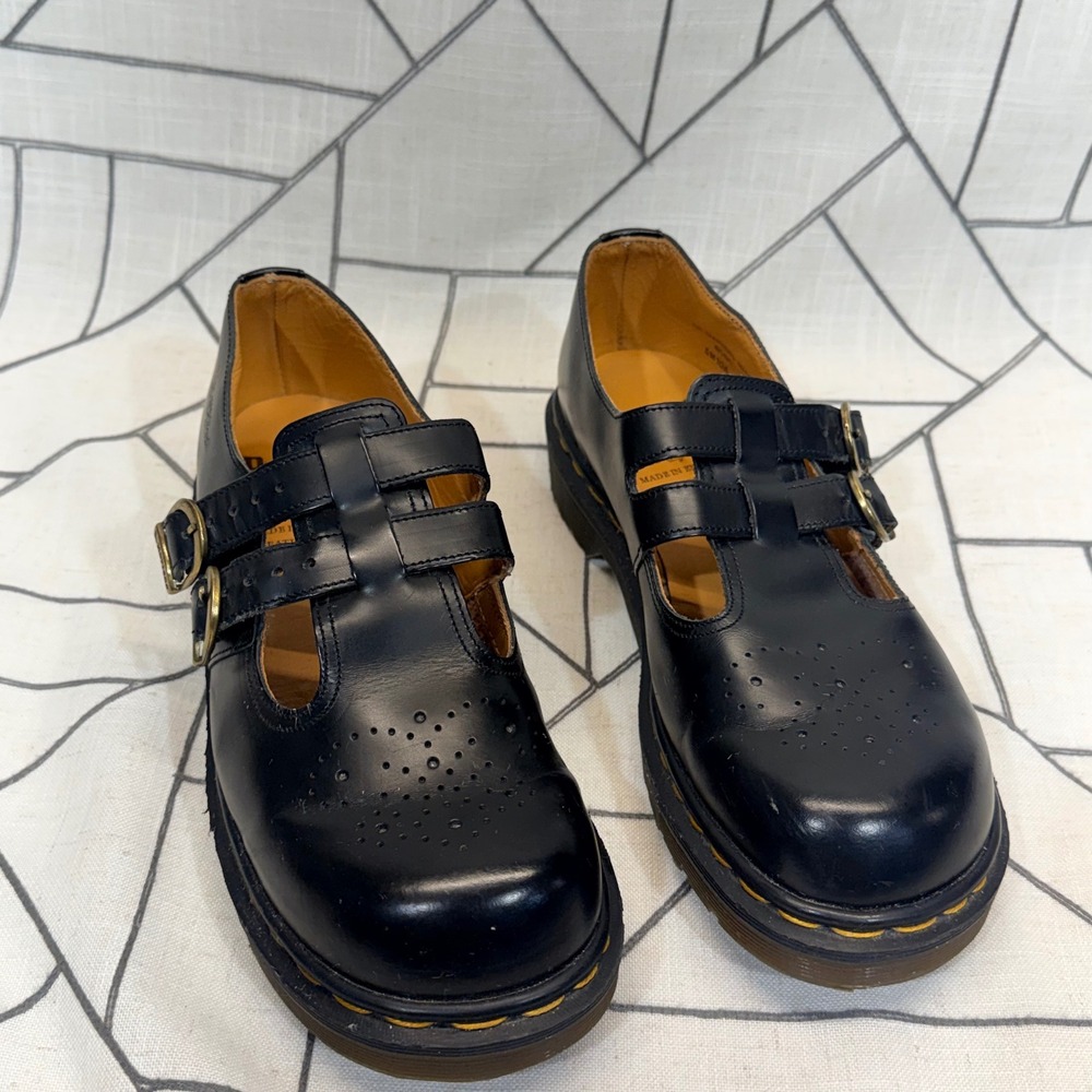 Dr. Martens 8065 Mary Jane SZ 7 Black Leather Made in England Double Buckle VTG